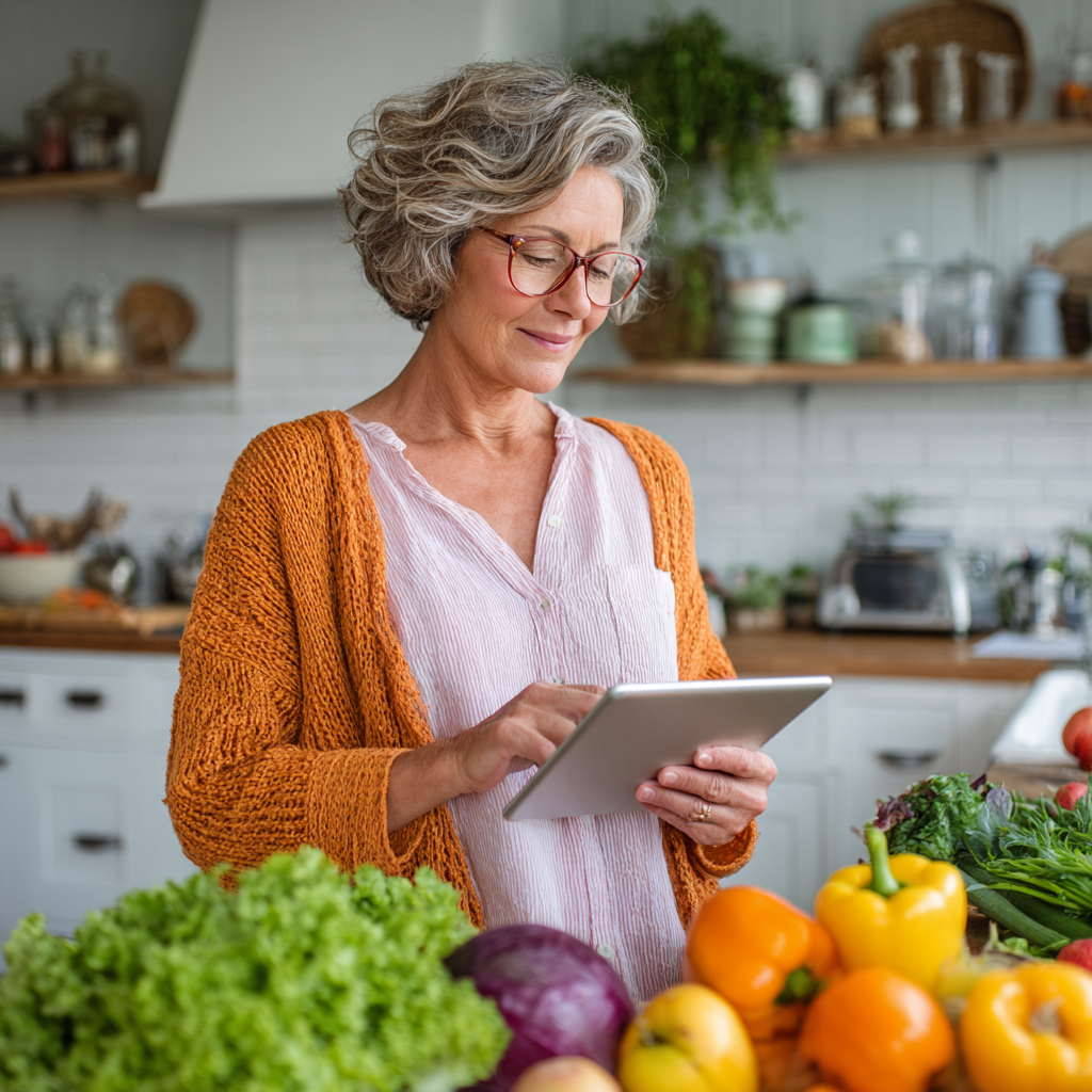 Mature adult consulting nutrition plan on tablet in bright kitchen