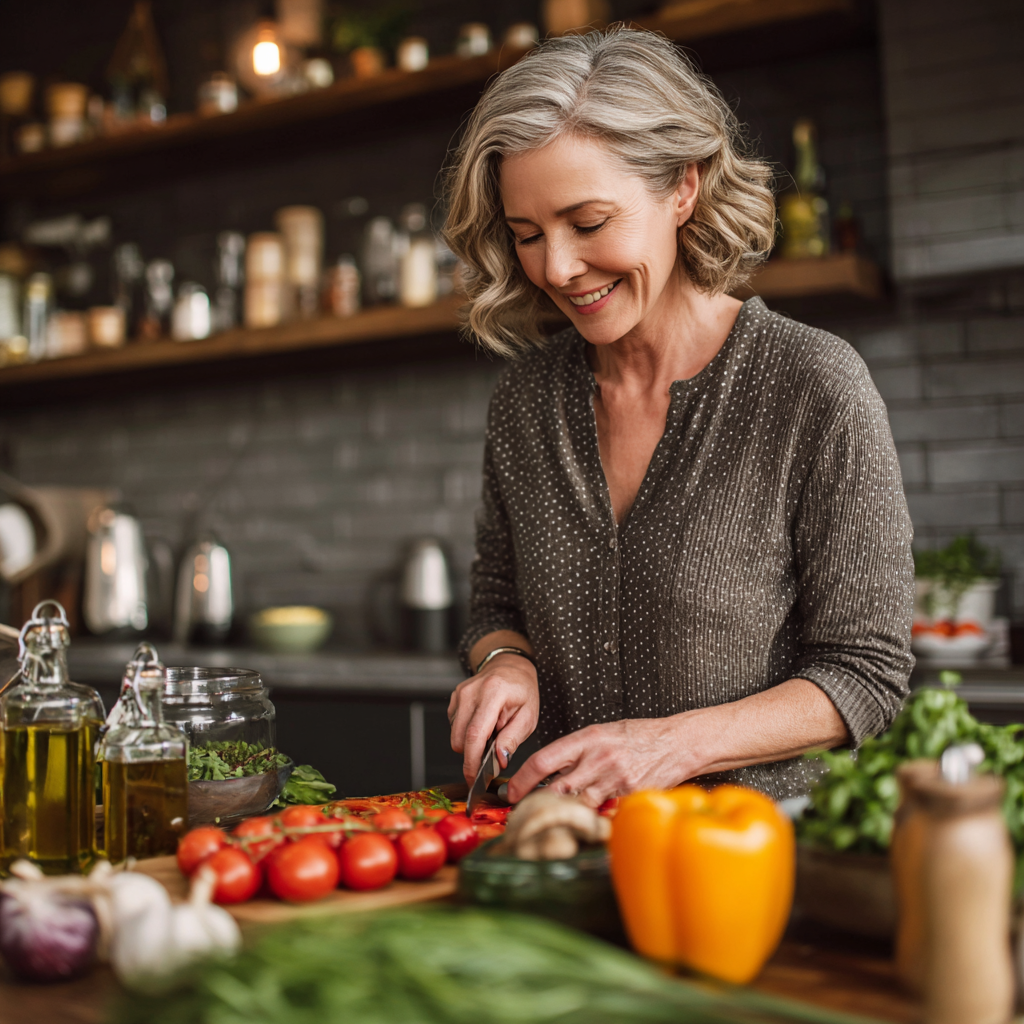 Middle-aged woman preparing healthy meal in modern kitchen