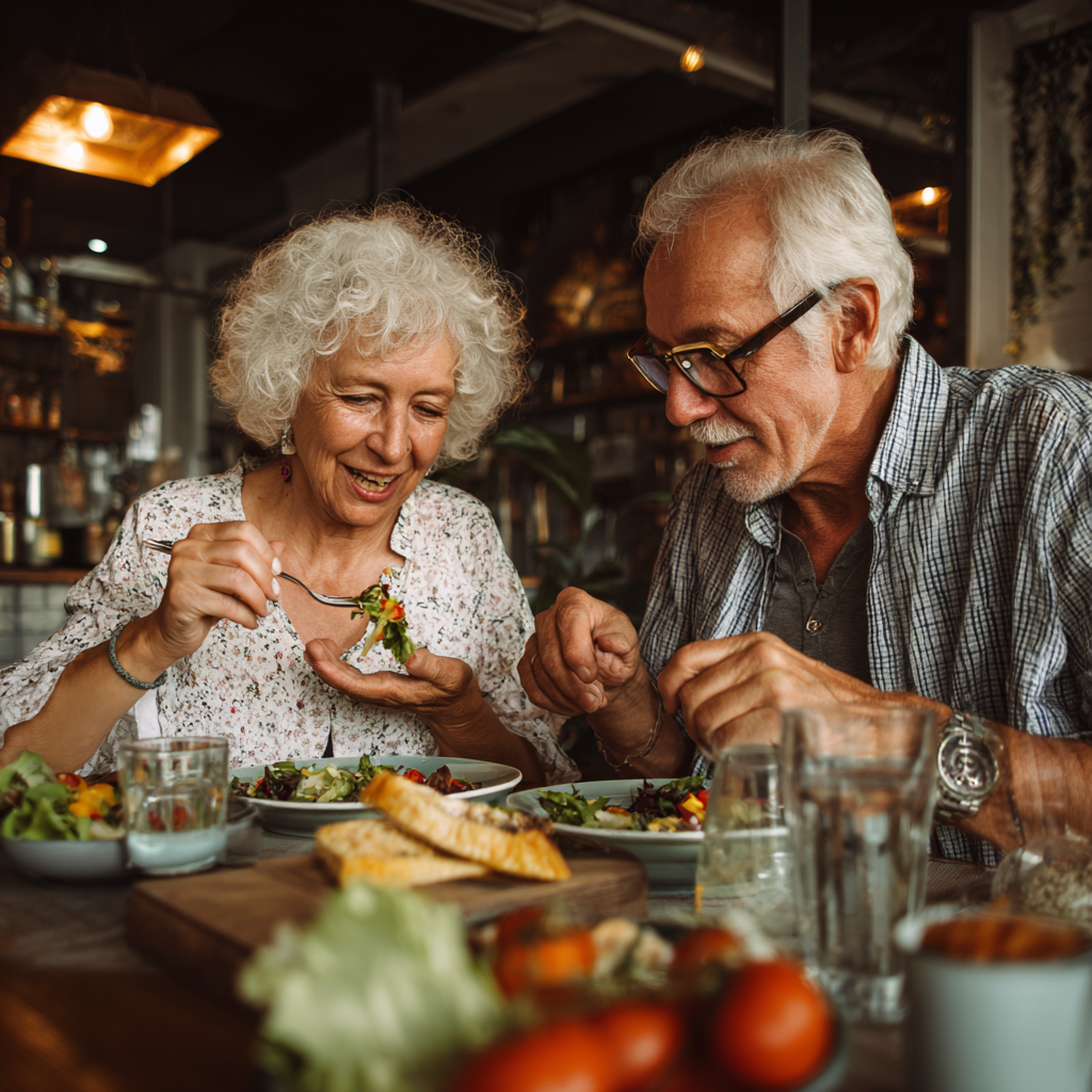 Senior couple enjoying healthy meal together at dining table